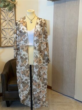 Sheer Floral Long Kimono Cardigan in White, Taupe, Brown & Peach